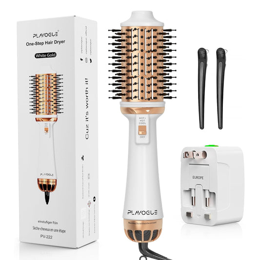 Dual Voltage Hair Dryer Brush, Plavogue 100 Millions Negative Ionic Blow Dryer Brush Volumizer, One-Step Hot Air Brush in One for European Travel, Styling Brush with Ceramic Coating for Salon Blowout